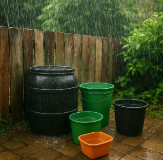 Buckets catching rainwater.