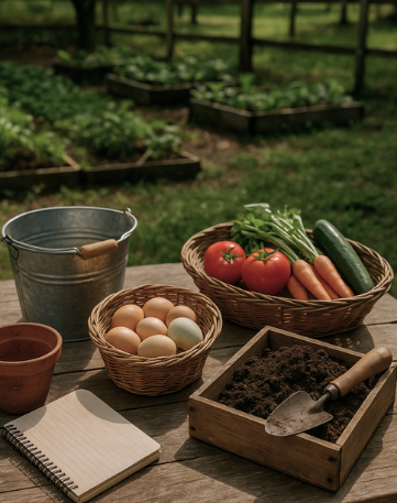 A table containing eggs, fruit, a notebook and a bucket.