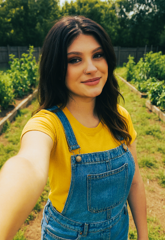 Amber takes a selfie in her garden.