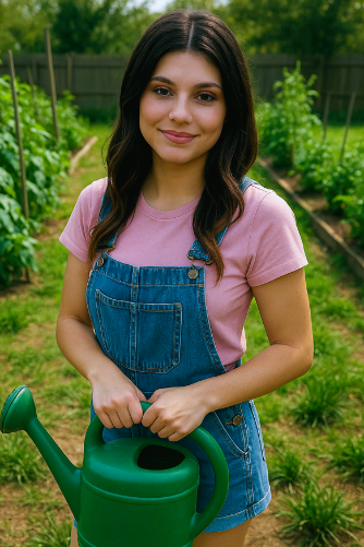 Amber wearing overalls and holding a green water jug.