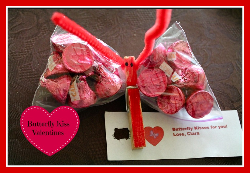 Homemade butterflies with red Hershey's kisses inside.